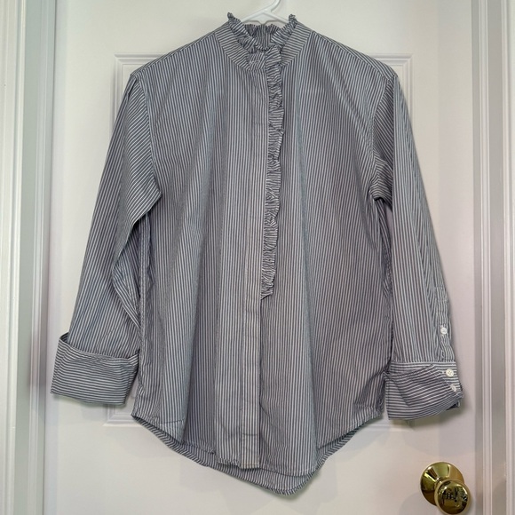 J. Crew Garcon Organic Cotton Ruffle Trim Striped Button Down Shirt Size 2 - Picture 1 of 7